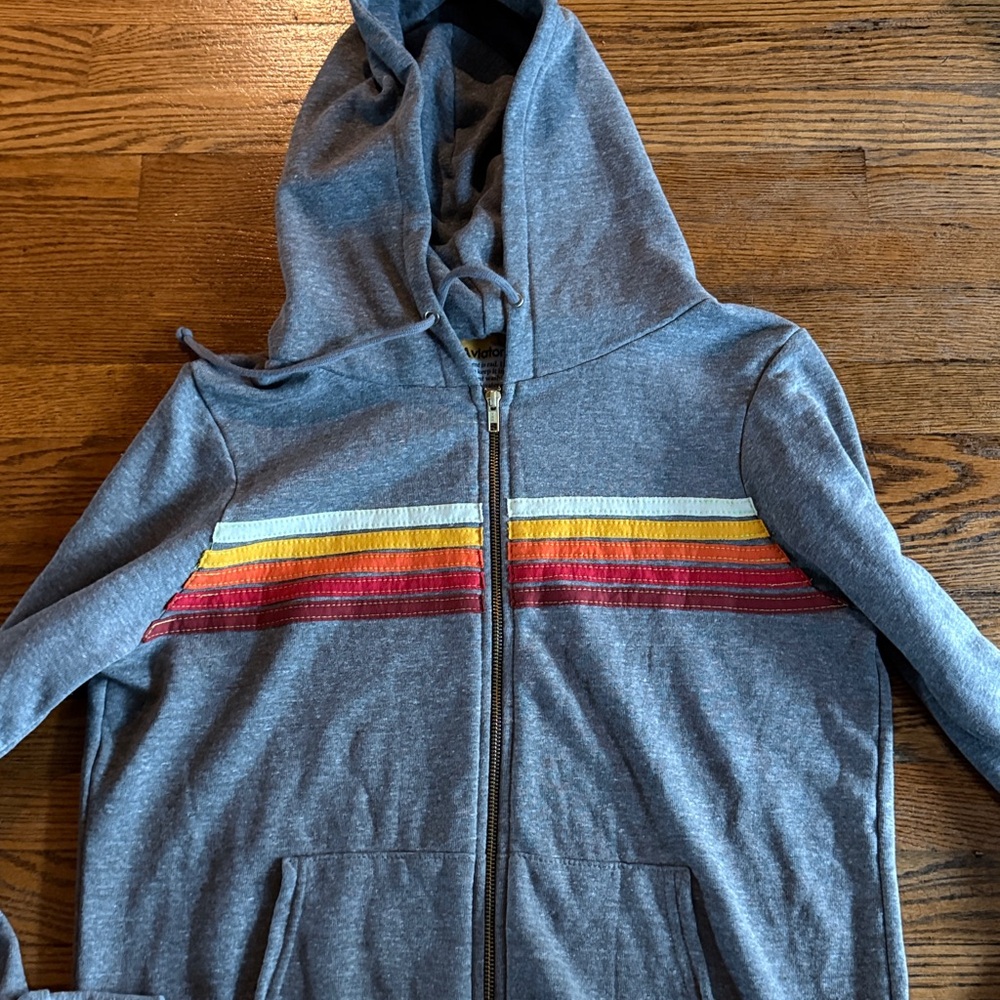 Aviator Nation Gray Zip Hoodie with Retro Yellow Orange red white stripes - Picture 2 of 14